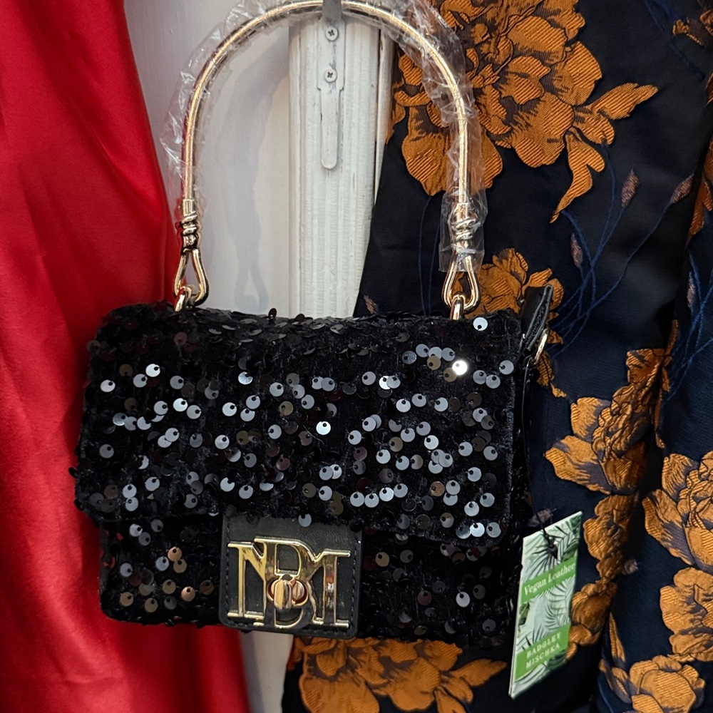 Badgley Mischka Black Sequin Clutch with Gold Handle